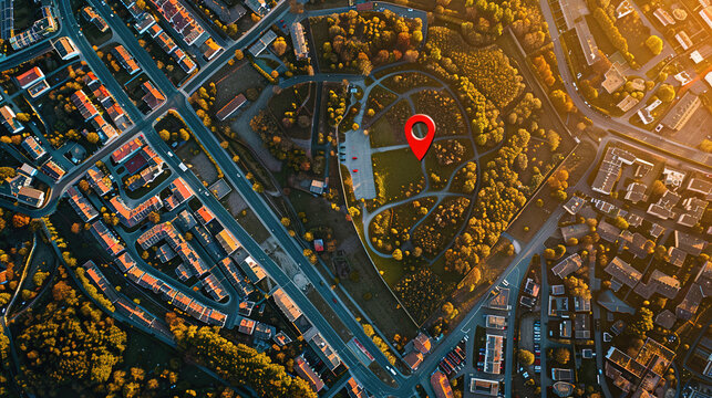 Satellite image of a city with a red map pin highlighting the location of a weekly farmers' market