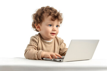 little boy,1-2 years old,looks with interest at laptop screen,on white background,concept of generation alpha,education and development of children,Internet hygiene,medical and psychological research