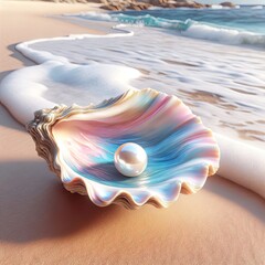 A beautiful white pearl in an iridescent oyster shell on ocean beach sand