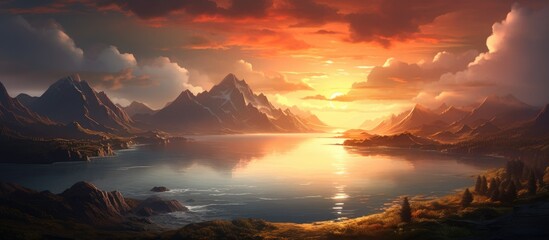 A mesmerizing natural landscape painting of a lake encompassed by mountains under a vibrant sunset sky, with clouds and an enchanting afterglow