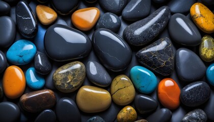 Black and colorful smooth stones background