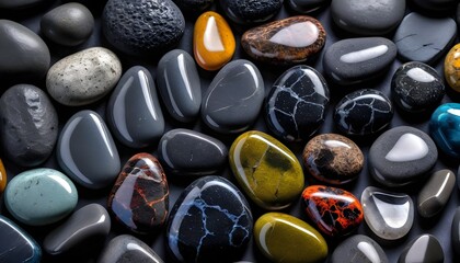 Black and colorful smooth stones background