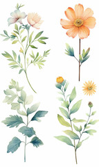 Fototapeta na wymiar Collection of various watercolor flowers with stems and leaves.