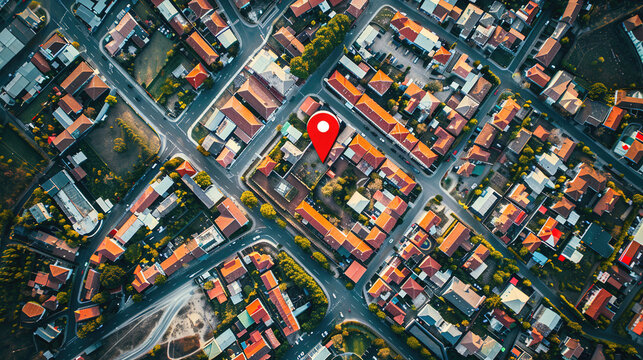 Satellite image of a city with a red map pin highlighting the location of a weekly farmers' market