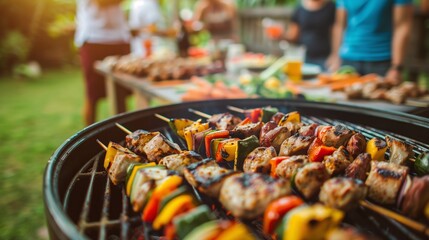 A detailed view of food sizzling on a barbecue pit in the backyard. - obrazy, fototapety, plakaty