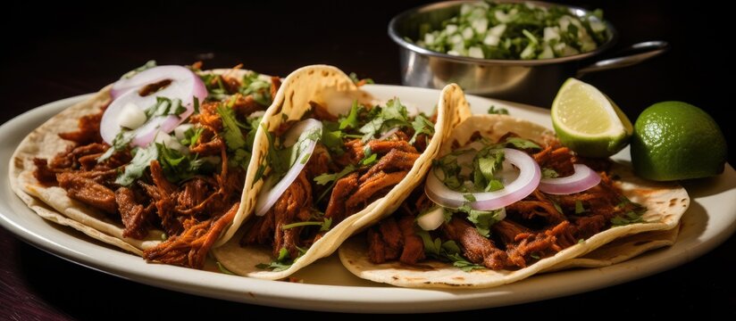 A plate of tacos with onions and limes, a staple food on the table. This Korean taco recipe includes ingredients like leaf vegetables and gringas