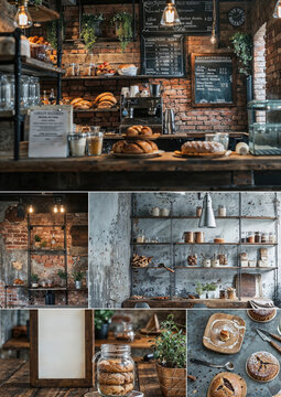 Rustic bakery atmosphere interior, baked bread, artisan baking, pastry, coffee, shop, seating, inspirational multiple images, natural light, delicious food, hipster