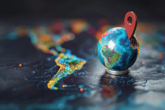Fototapeta 3D earth globe with pinpoints online deliver service, delivery tracking, pin location point marker of shipment map 3d. Product shipping out from world map. Delivery icon 3d render illustration