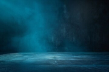 Abstract background with blank dark wall and smoky concrete floor illuminated by blue color - obrazy, fototapety, plakaty