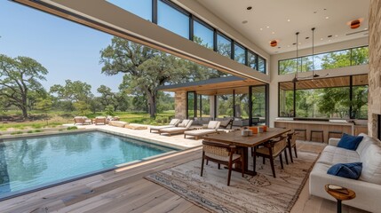 Obraz premium A large open living room with a pool and dining area, AI