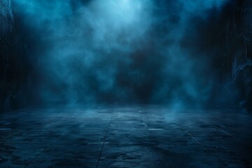Abstract background with blank dark wall and smoky concrete floor illuminated by blue color