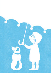 雨の日のカード 傘と犬とレインコートの子ども（ブルー）