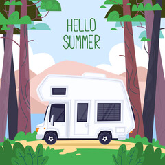 Camping, car parked in the forest on the river bank, outdoor recreation. Flat illustration