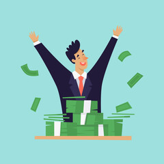 Investments, successful investor with a lot of money, business. Flat illustration