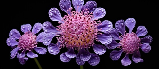 Three violet flowers with water droplets on their petals against a dark background, showcasing the...
