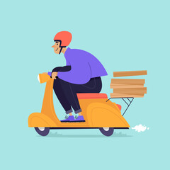 Man rides a moped carrying pizza, food delivery. Flat illustration