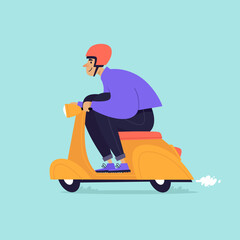 Man rides a moped, moped rental. Flat illustration 