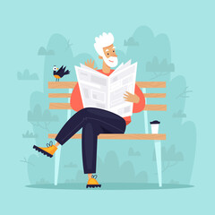 Pensioner reading a newspaper in the park on a bench. Flat illustration