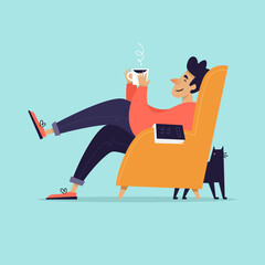 Man rests sitting in a chair with a cup in his hands. Relaxation. Flat illustration