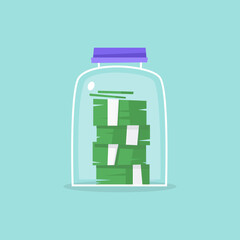 Money in a glass jar, savings, put aside money. Flat illustration