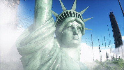 State of liberty in futuristic city, desert, flying cars and ships traffic. Future architecture concept. 3d rendering.