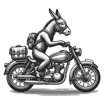 donkey riding a classic motorcycle, with a humorous and whimsical vintage vibe sketch engraving generative ai vector illustration. Scratch board imitation. Black and white image.