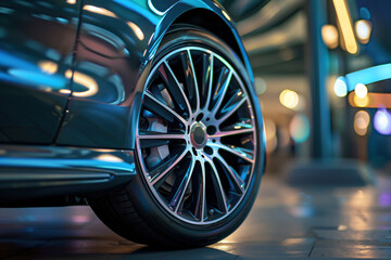 A close-up view of a polished car’s wheel, reflecting the lights of an elegant and modern illuminated parking garage.