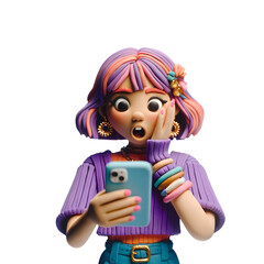 Personnage en pâte à modeler : Femme en violet tenant son téléphone avec une expression choquée - obrazy, fototapety, plakaty