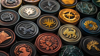 Gaming token set for board games with intricate designs and thematic elements