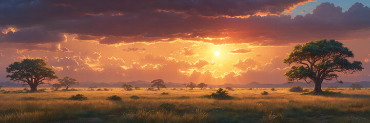 Fototapeta premium Tranquil rural scene: sun setting over a field with trees, painting a picturesque and calm sky