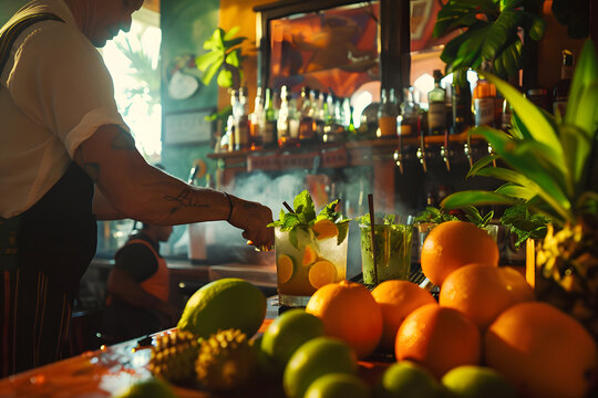 the vibrant atmosphere of a Latin-inspired rum bar, with bartenders muddling fresh fruit and herbs to create mojitos, daiquiris, and rum punches