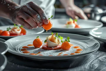 Fotobehang the elegance of a fine dining establishment, with chefs meticulously plating gourmet dishes featuring innovative flavor combinations and artistic presentations © kashiStock