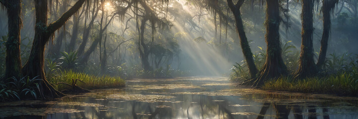 An idyllic nature scenery of a peaceful forest swamp nestled in the heart of a dense forest, with sunlight filtering through the trees and casting beautiful light rays on the water's surface - obrazy, fototapety, plakaty