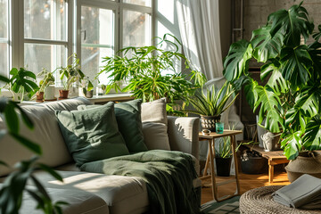 Fototapeta premium cozy home interior of living room with green houseplants and sofas