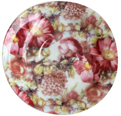 PNG file. Empty floral colorful retro plate. Patterned porcelain plate with flowers, with texture. Object isolated, transparent.