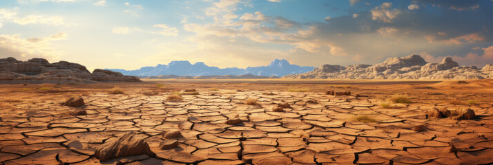 Panoramic view of dry cracked land, landscape of dry deserted ground in summer. Concept of soil, drought, global warming, wasteland and background.