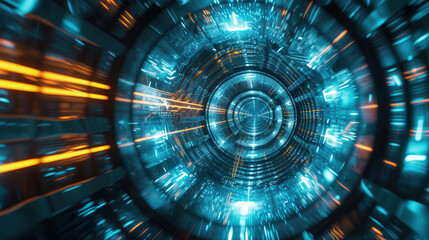 Abstract tunnel in cyber space, digital data texture background. Round blue futuristic corridor with lights. Concept of technology, tech, future, network, speed.