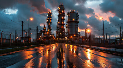 Oil and gas refinery plant or petrochemical industry, road to factory at night. Perspective view of chemical petroleum industrial buildings and sky. Concept of power, steel, energy, - obrazy, fototapety, plakaty