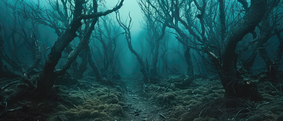 Scary misty dark forest at night, magical spooky foggy woods with dry trees and path. Gloomy landscape in mystic fairy tale world. Concept of fantasy, nature, horror, banner, mist, - obrazy, fototapety, plakaty