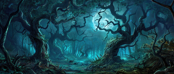 Panoramic view of scary dark forest at night, magical spooky woods with crooked trees and moon. Gloomy landscape in fairy tale world. Concept of fantasy, nature, horror, banner