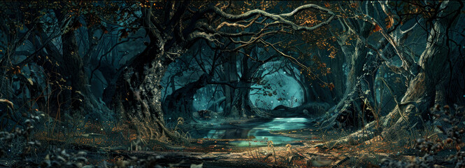 Panoramic view of scary dark forest at night, magical spooky woods with path and blue light. Gloomy landscape in fairy tale world. Concept of fantasy, nature, horror, banner - obrazy, fototapety, plakaty