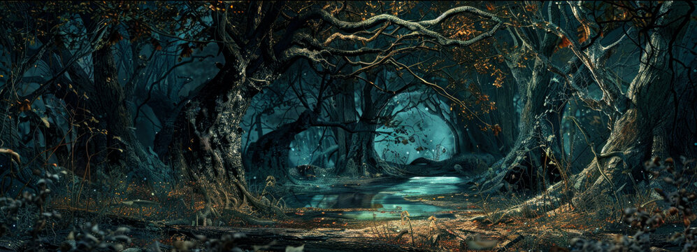 Naklejki Panoramic view of scary dark forest at night, magical spooky woods with path and blue light. Gloomy landscape in fairy tale world. Concept of fantasy, nature, horror, banner