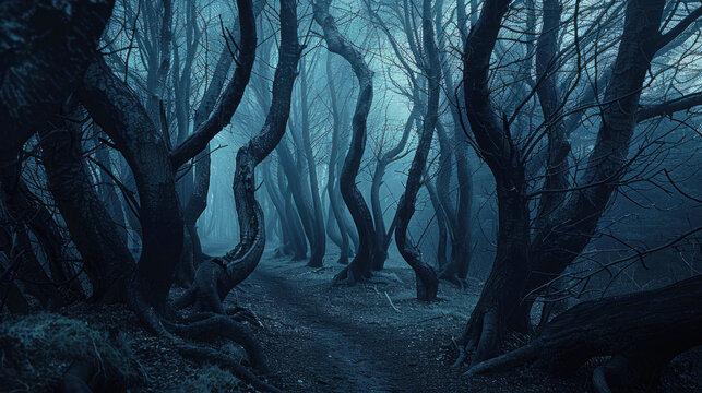 Scary dark forest in mist, spooky woods with foggy trees and path. Gloomy fairy tale landscape in haunted world. Concept of fantasy, nature, horror, mist, fog