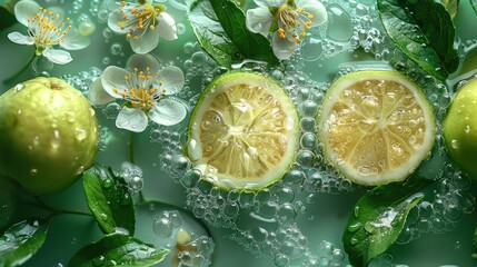  Green Lemons and Lime Slices on Green Background with Water Drops.jpeg

