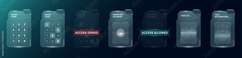 Poster hud biometric id set. digital user recognition gui or fui interface. person security verification pi