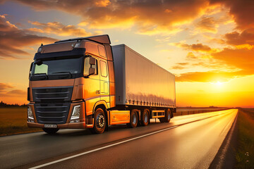 European truck vehicle on motorway with dramatic sunset