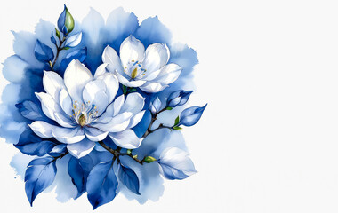 Blue and white magnolia flowers. watercolor illustration with splashes and white background with copy space