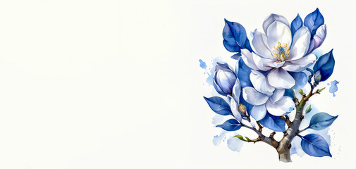 Blue and white magnolia flowers. watercolor illustration with splashes and white background with copy space