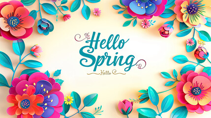 Spring joyful colorful themed greeting card "Hello Spring" on a light yellow background with floral design, calligraphic inscriptions 3