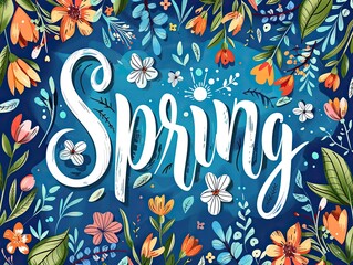 Colorful cheerful themed postcard with the inscription "Spring" on a blue background with a bright floral design 7